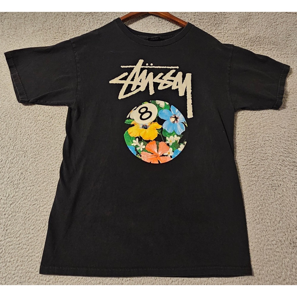 Stussy Mens 8 Ball Floral Graphic T-Shirt Black Short Sleeve Cotton Tee Medium